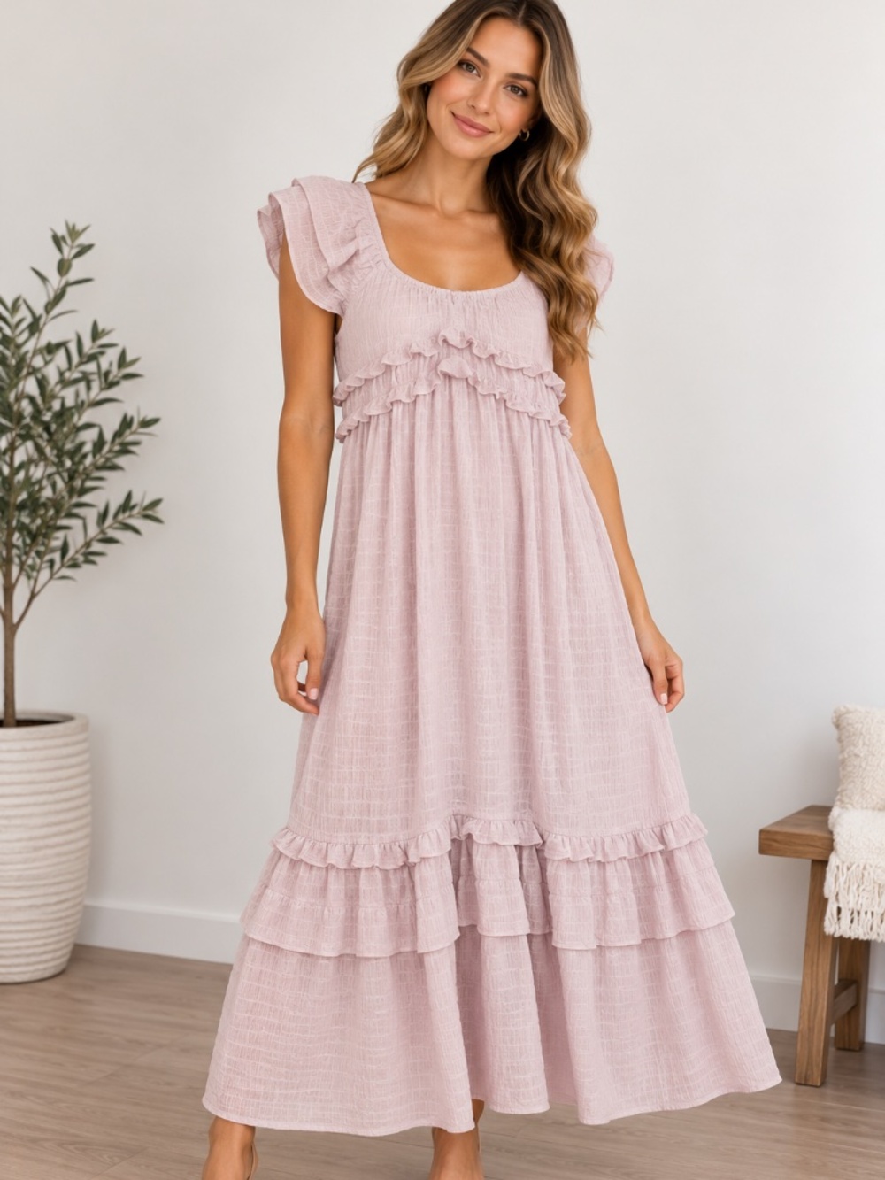 &merci Women’s Pink/Purple Ruffle Maxi Dress, size Large